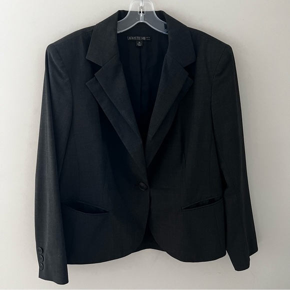 Lafayette 148 Blazer Jacket Virgin Wool Charcoal Gray Double Lapel US 14 EUC - Picture 1 of 7